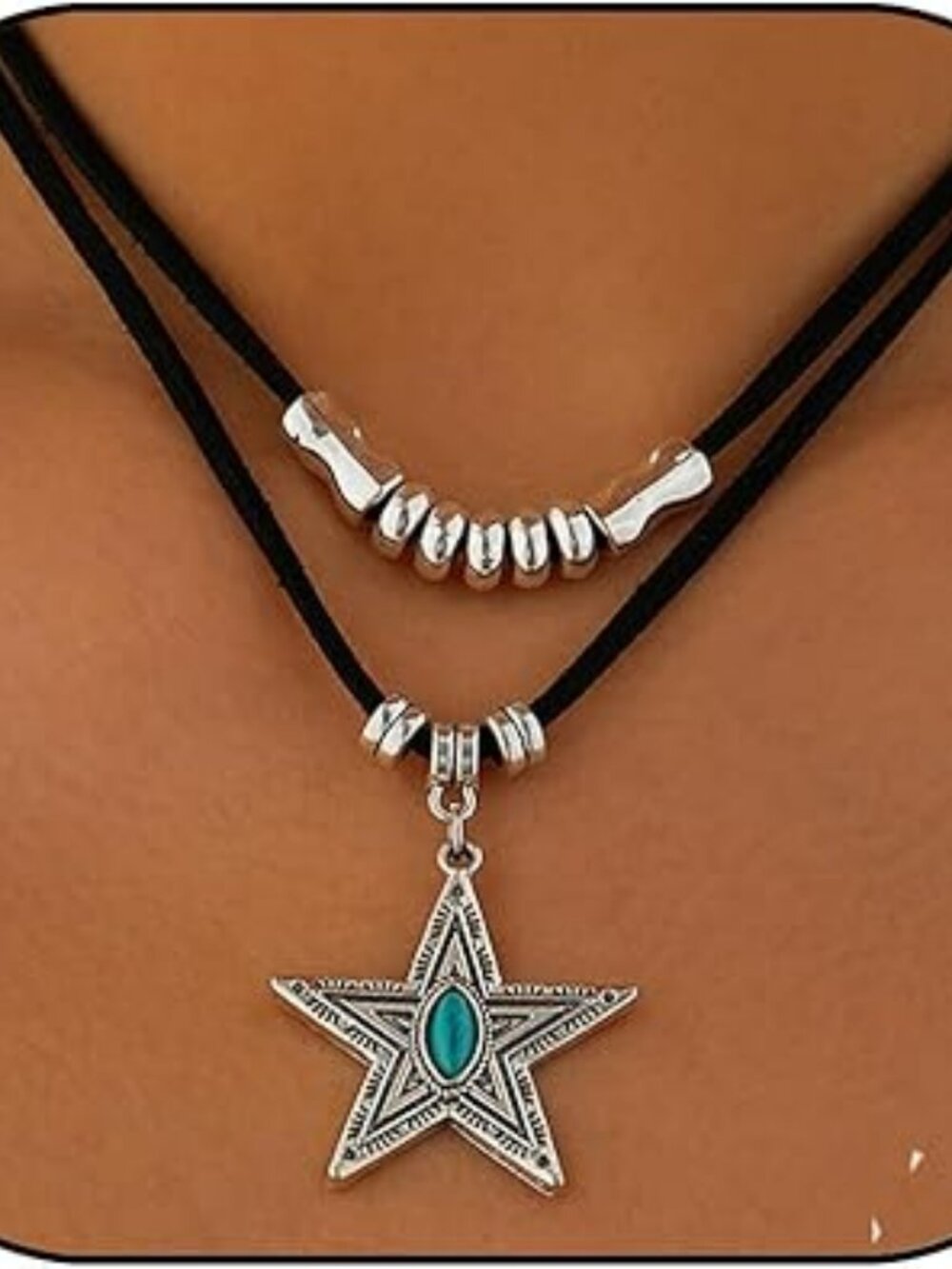 New - Boho Western Cowgirl Necklace Layered Star Necklace with Turquoise Silver